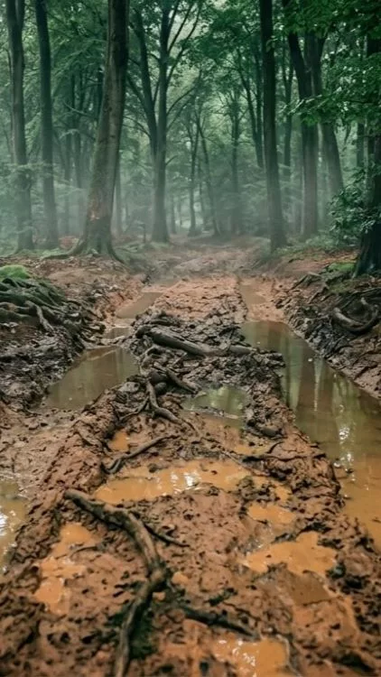 Modderig bospad na een regenbui
